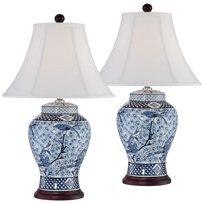 Image 2 Barnes and Ivy Garden Bird Blue and White Porcelain Table Lamps Set of 2