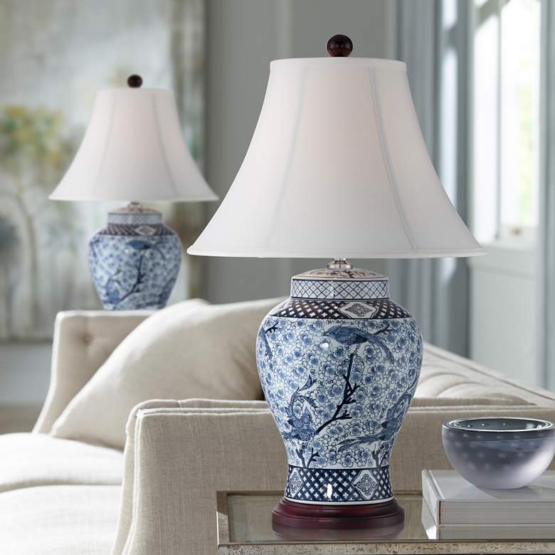 Image 1 Barnes and Ivy Garden Bird Blue and White Porcelain Table Lamps Set of 2