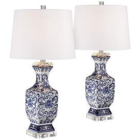 Image3 of Barnes and Ivy Iris 28" Blue and White Porcelain Table Lamps Set of 2