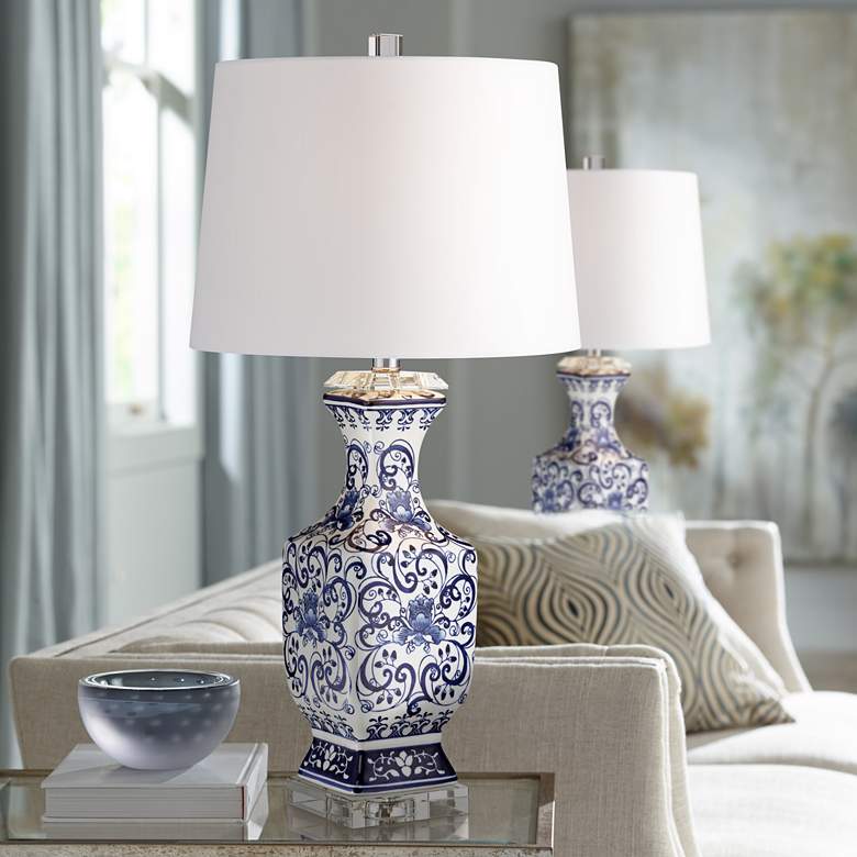 Image 2 Barnes and Ivy Iris 28" Blue and White Porcelain Table Lamps Set of 2