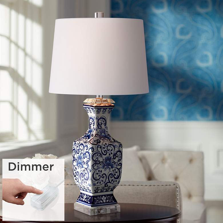 Image 1 Barnes and Ivy Iris 28 inch Blue White Porcelain Table Lamp with Dimmer