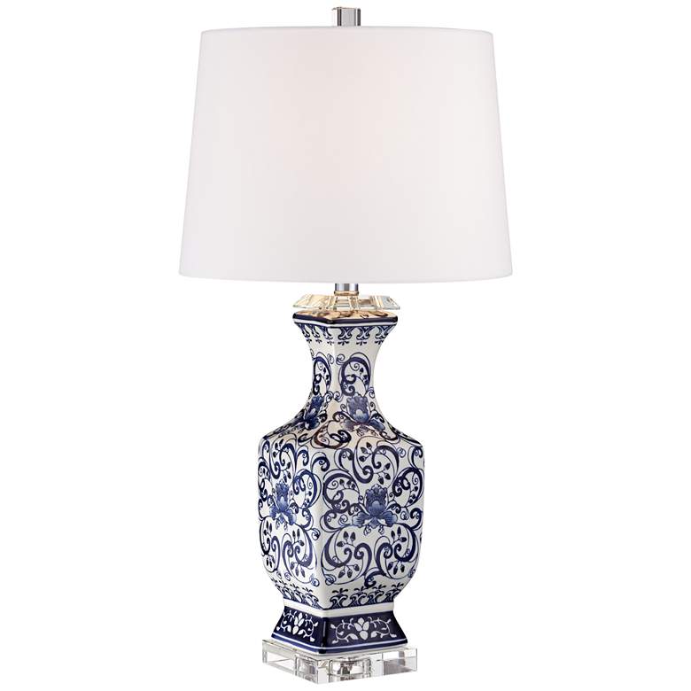 Image 2 Barnes and Ivy Iris Blue and White Porcelain Table Lamp with Dimmer