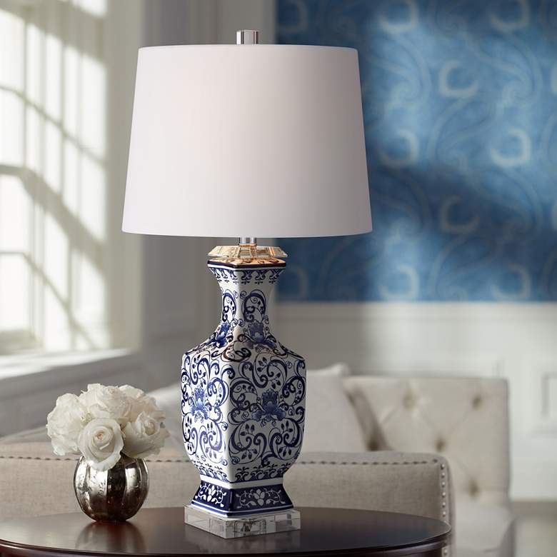 Image 1 Barnes and Ivy Iris Blue and White Porcelain Table Lamp with Dimmer