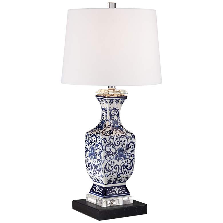 Image 1 Barnes and Ivy Iris Blue Porcelain Lamp with Square Black Marble Riser