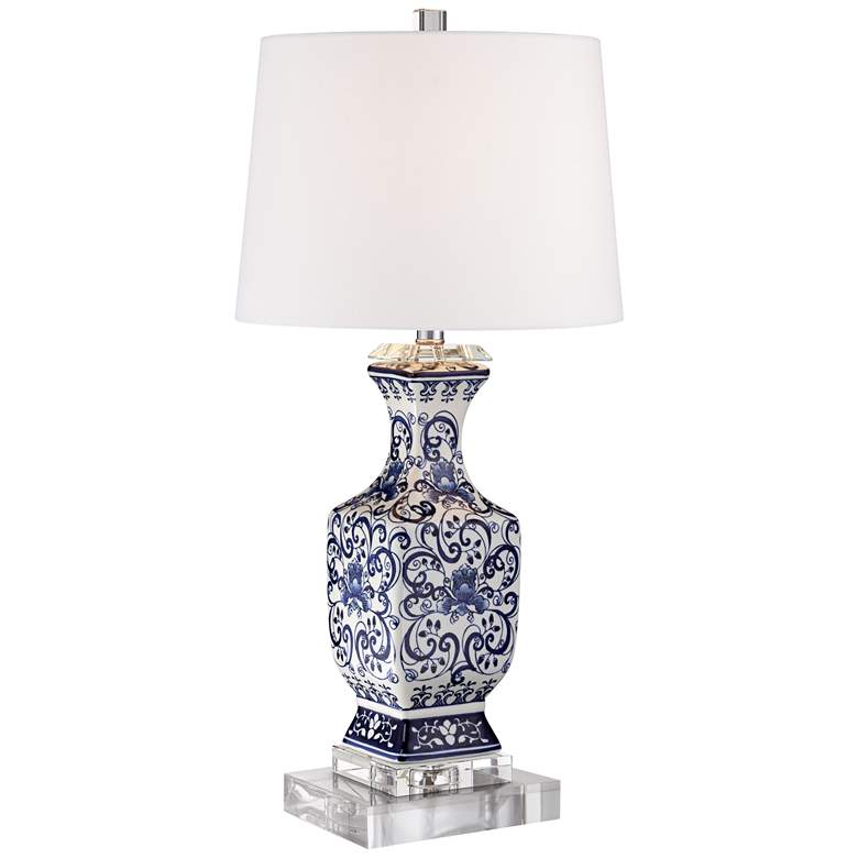 Image 1 Barnes and Ivy Iris Blue Porcelain Table Lamp with Square Acrylic Riser