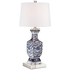 Image1 of Barnes and Ivy Iris Blue White Traditional Ceramic Lamp with Marble Riser