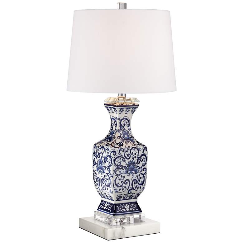 Image 1 Barnes and Ivy Iris Blue White Traditional Ceramic Lamp with Marble Riser