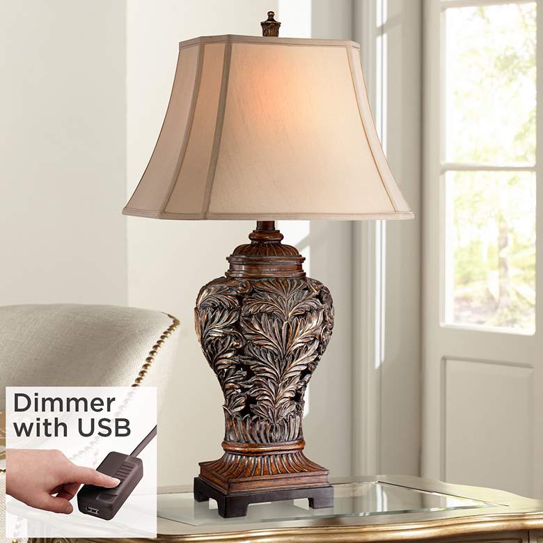 Image 1 Barnes and Ivy Leafwork Bronze Vase Table Lamp with USB Dimmer Cord