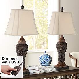 Image1 of Barnes and Ivy Leafwork Vase Table Lamps Set of 2 with USB Cord Dimmers