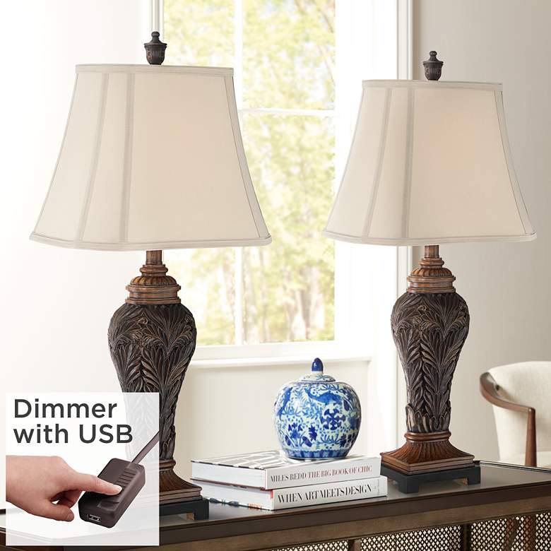 Image 1 Barnes and Ivy Leafwork Vase Table Lamps Set of 2 with USB Cord Dimmers
