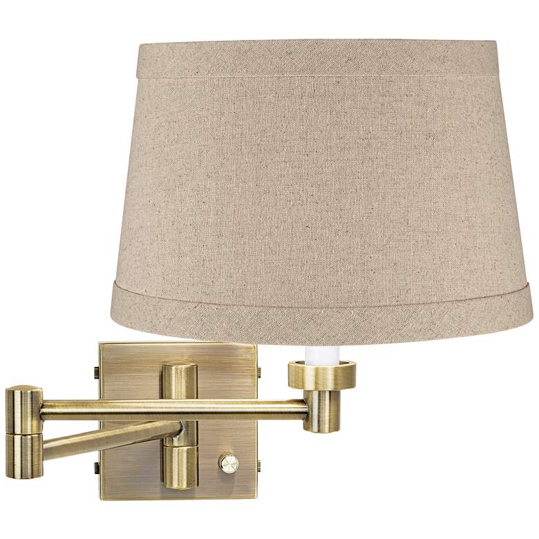 Image 1 Barnes and Ivy Natural Linen Drum Shade Brass Plug-In Swing Arm Wall Lamp