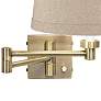 Barnes and Ivy Natural Linen Drum Shade Brass Plug-In Swing Arm Wall Lamp