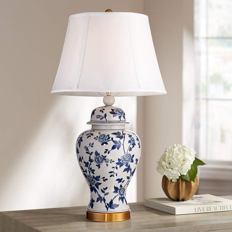 Image 1 Barnes and Ivy Rose Vine Blue and White Ceramic Temple Jar Table Lamp