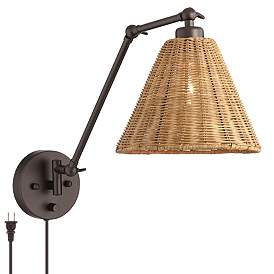 Image2 of Barnes and Ivy Rowlett Bronze Rattan Shade Plug-In Wall Lamp