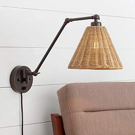 Image1 of Barnes and Ivy Rowlett Bronze Rattan Shade Plug-In Wall Lamp