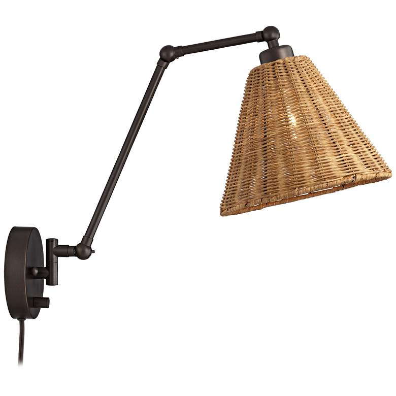 Image 7 Barnes and Ivy Rowlett Bronze Rattan Shade Plug-In Wall Lamp more views