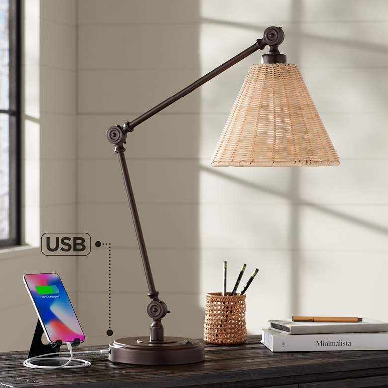 Image 1 Barnes and Ivy Rowlett Rattan Shade Adjustable Arm Desk Lamp with USB Port