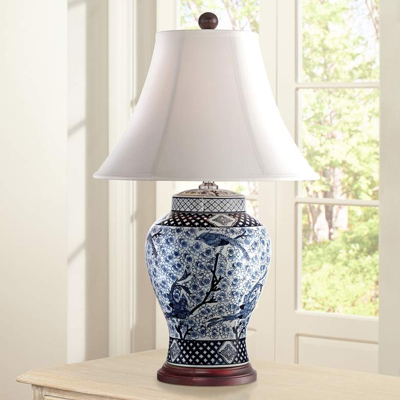 Image 1 Barnes and Ivy Shonna Blue and White Porcelain Table Lamp with Dimmer