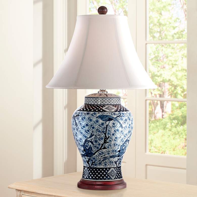 Image 1 Barnes and Ivy Shonna Garden Bird Blue and White Porcelain Jar Table Lamp