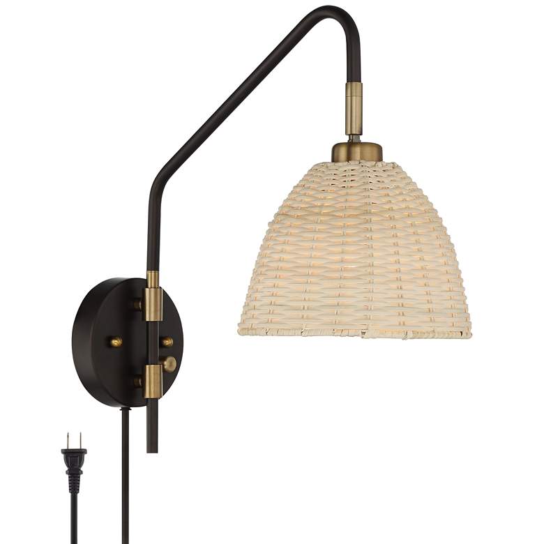 Image 2 Barnes and Ivy Vega Bronze and Brass Rattan Shade Plug-In Wall Lamp