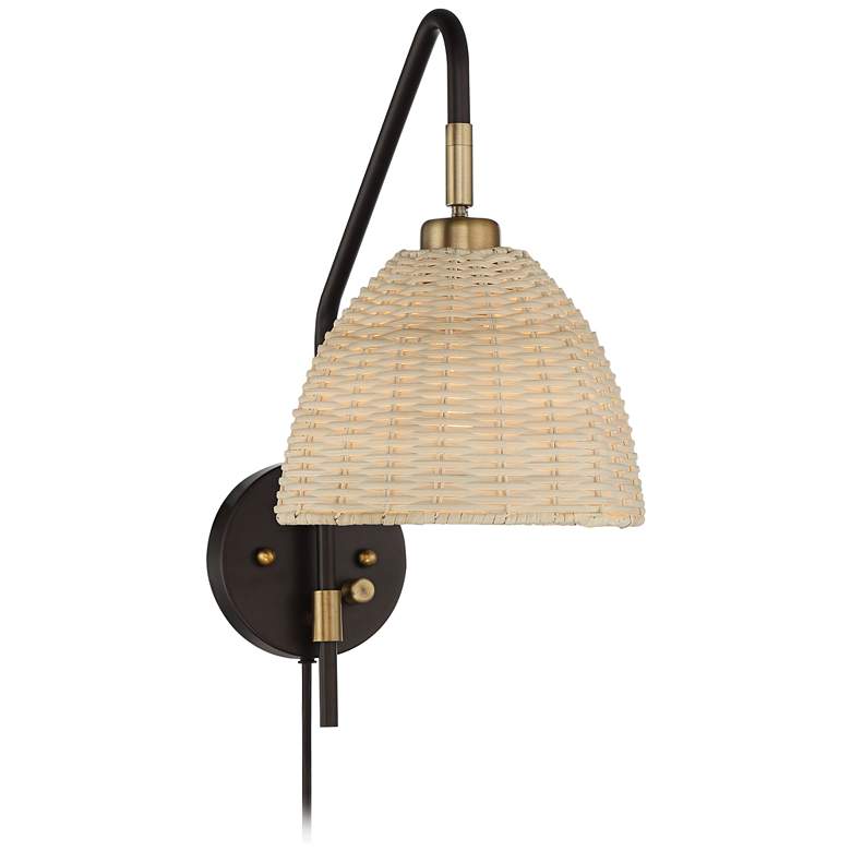 Image 5 Barnes and Ivy Vega Bronze and Brass Rattan Shade Plug-In Wall Lamp more views