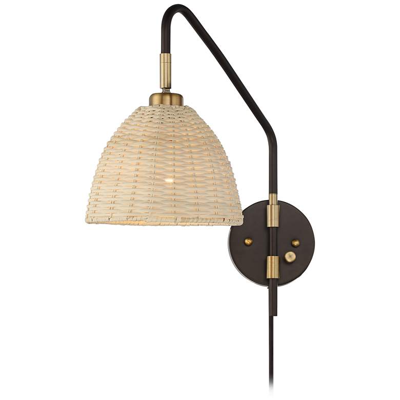 Image 6 Barnes and Ivy Vega Bronze and Brass Rattan Shade Plug-In Wall Lamp more views