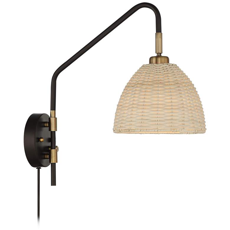 Image 7 Barnes and Ivy Vega Bronze and Brass Rattan Shade Plug-In Wall Lamp more views