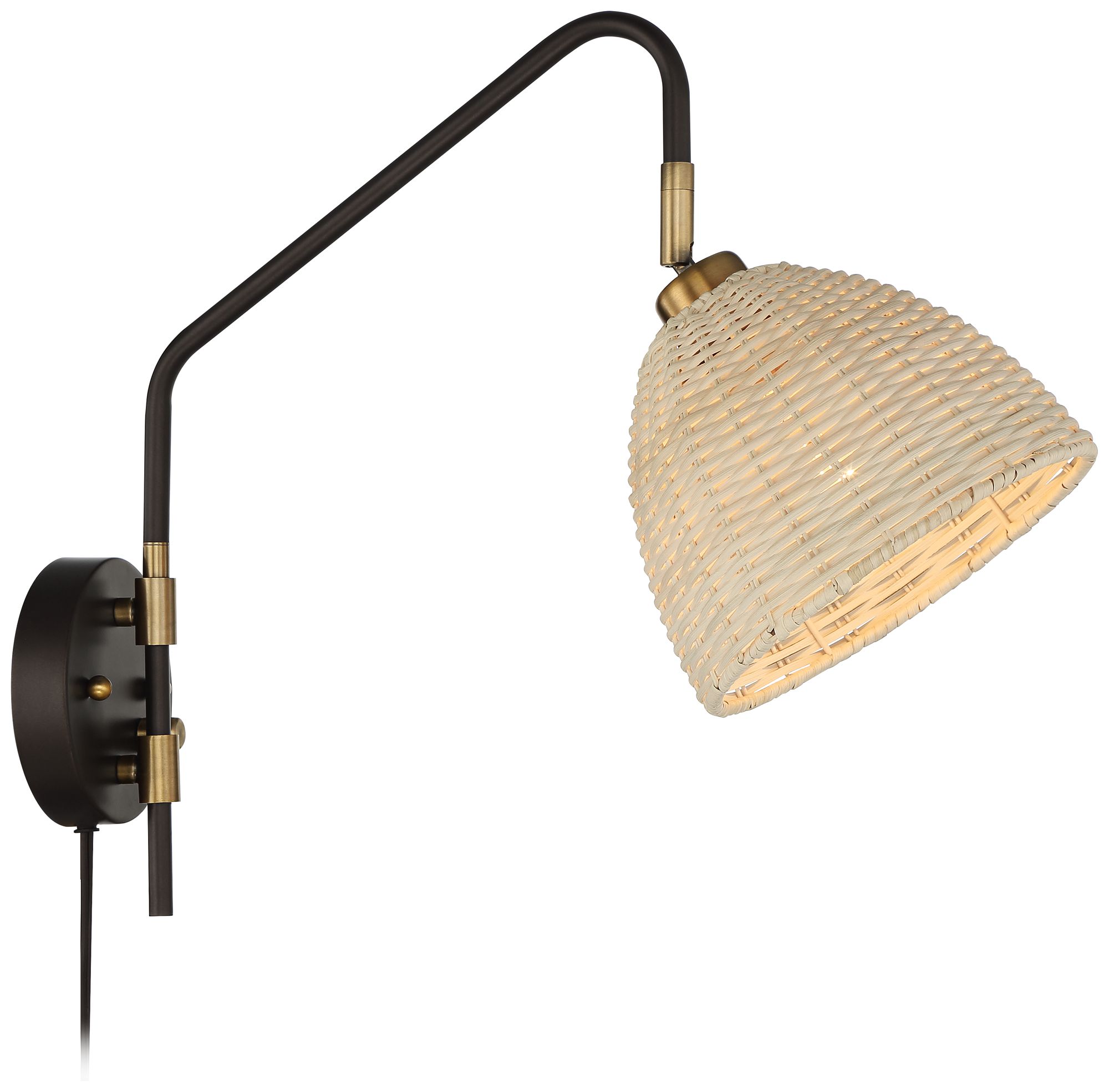 Barnes and Ivy Vega Bronze and Brass Rattan Shade Plug-In Wall Lamp
