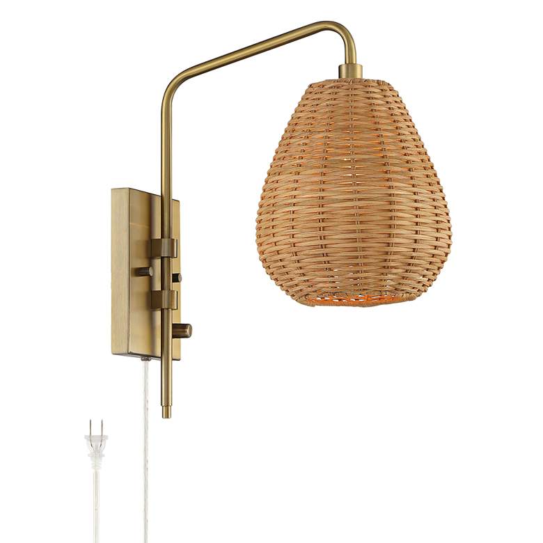 Image 2 Barnes and Ivy Willa Gold and Wicker Shade Swing Arm Plug-In Wall Light