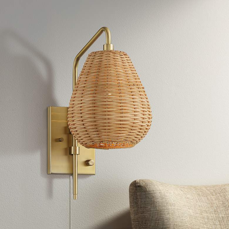 Image 1 Barnes and Ivy Willa Gold and Wicker Shade Swing Arm Plug-In Wall Light