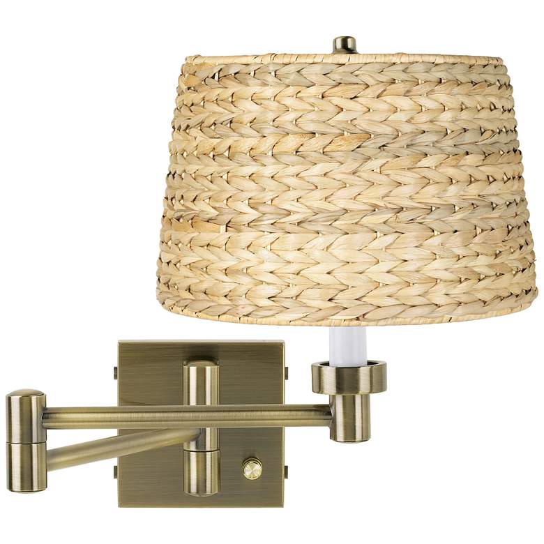 Image 2 Barnes and Ivy Woven Seagrass Antique Brass Plug-In Swing Arm Wall Lamp