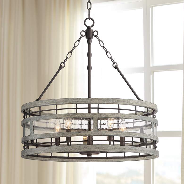 Image 1 Barnum 24 inchW Bronze and Gray Wood 5-Light Drum Pendant Light