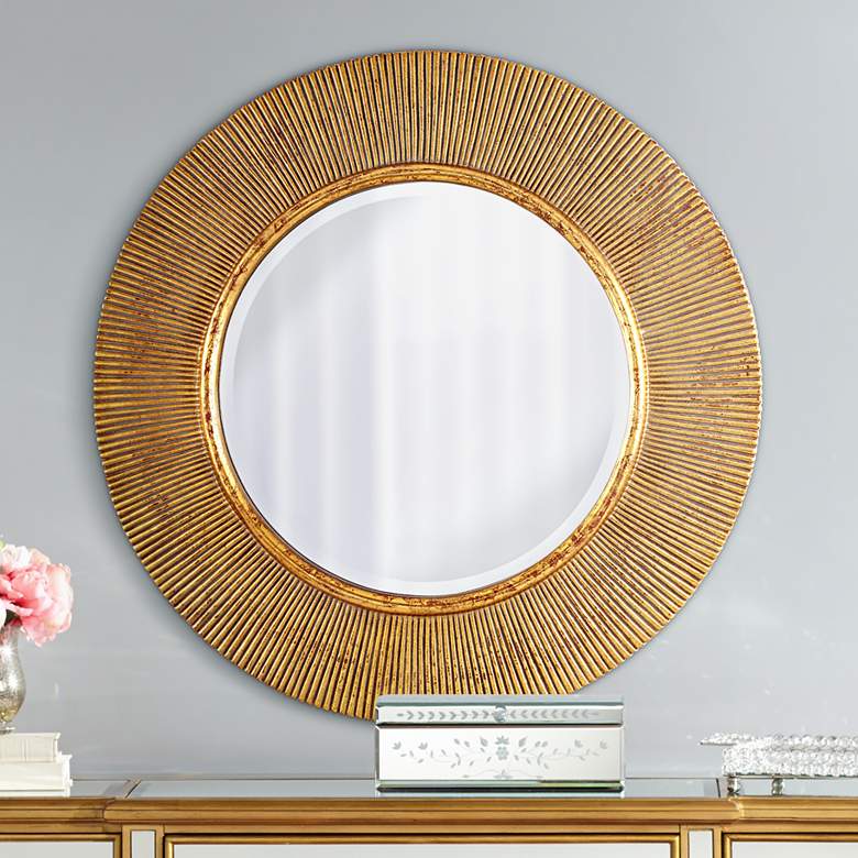 Image 1 Baroda Antique Gold Ribbed 32 1/2" Round Wall Mirror
