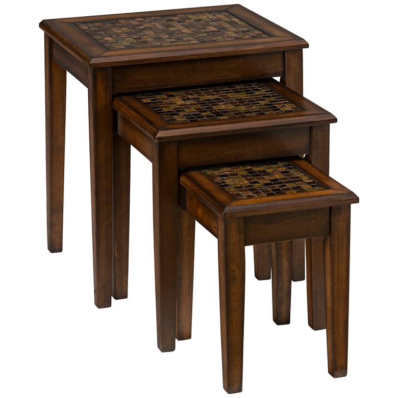 Image 1 Baroque Brown Wood Mosaic Inlay 3-Piece Nesting Table Set