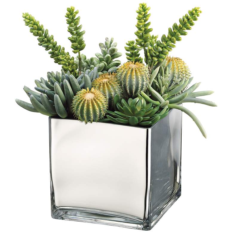 Image 1 Barrel Cactus, Monkey Tail, Aeonium 15 inchH Faux Plant in Vase