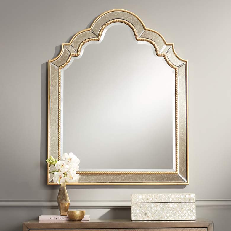Image 1 Barrie 28 1/4 inch x 35 1/2 inch Gold Antique Arch Wall Mirror