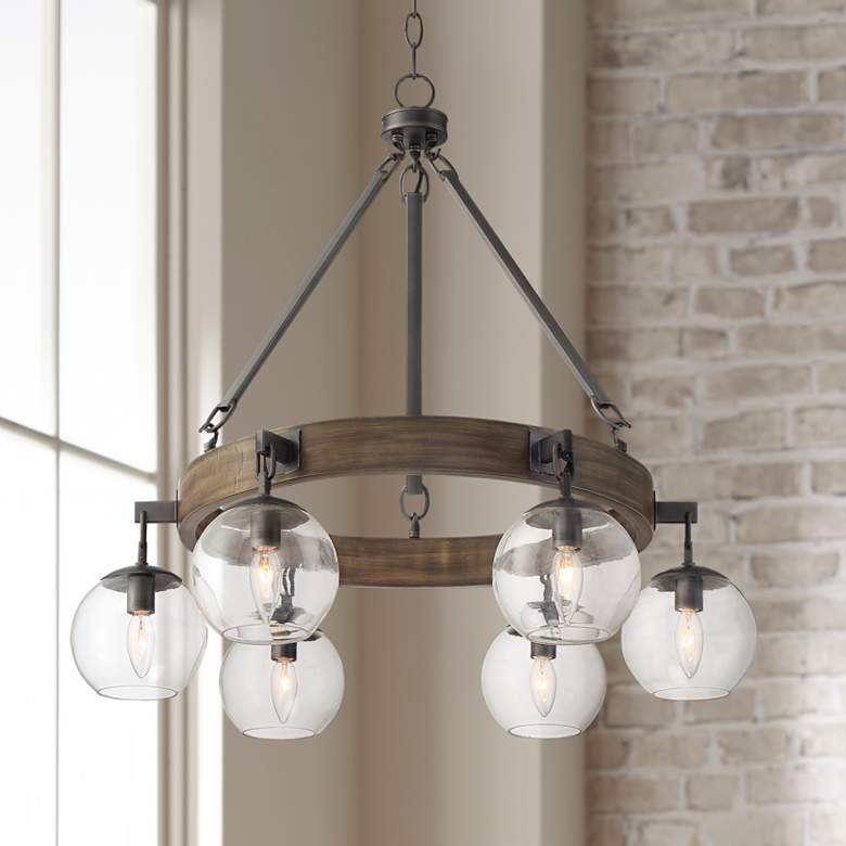 Image 1 Barrister 30 inch Wide Gunmetal and Wood 6-Light Chandelier