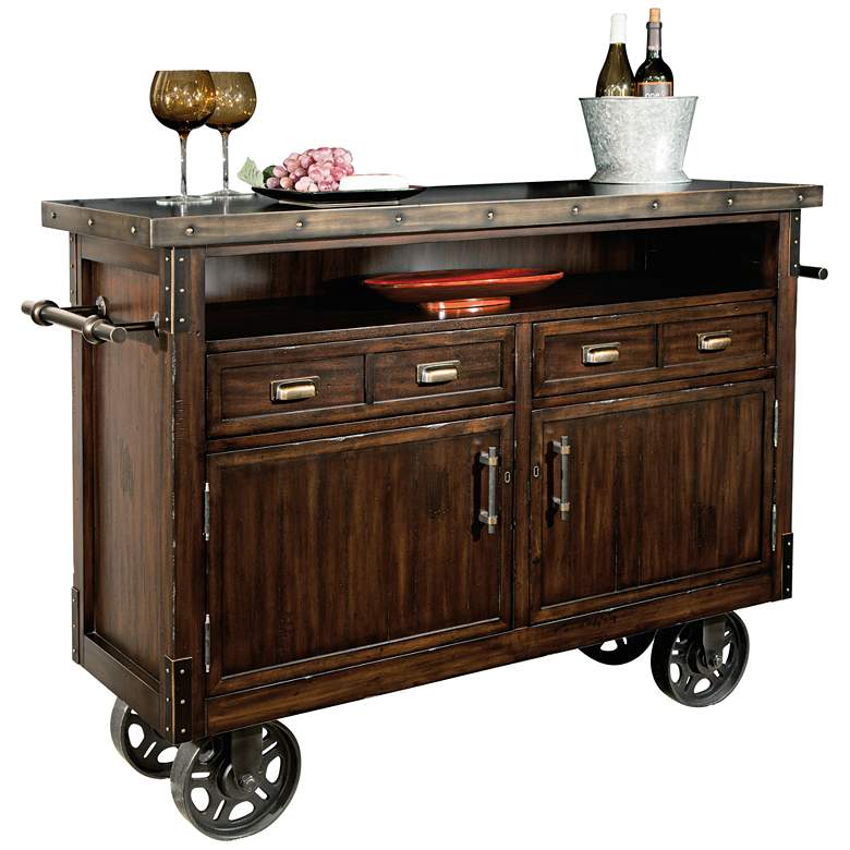 Image 1 Barrows 52 inch Wide Rustic Wood Wheeled Wine and Bar Cabinet