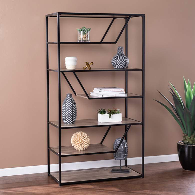 Image 1 Barsby 37 1/4"W Black and Oak Wood 6-Shelf Etagere Bookcase