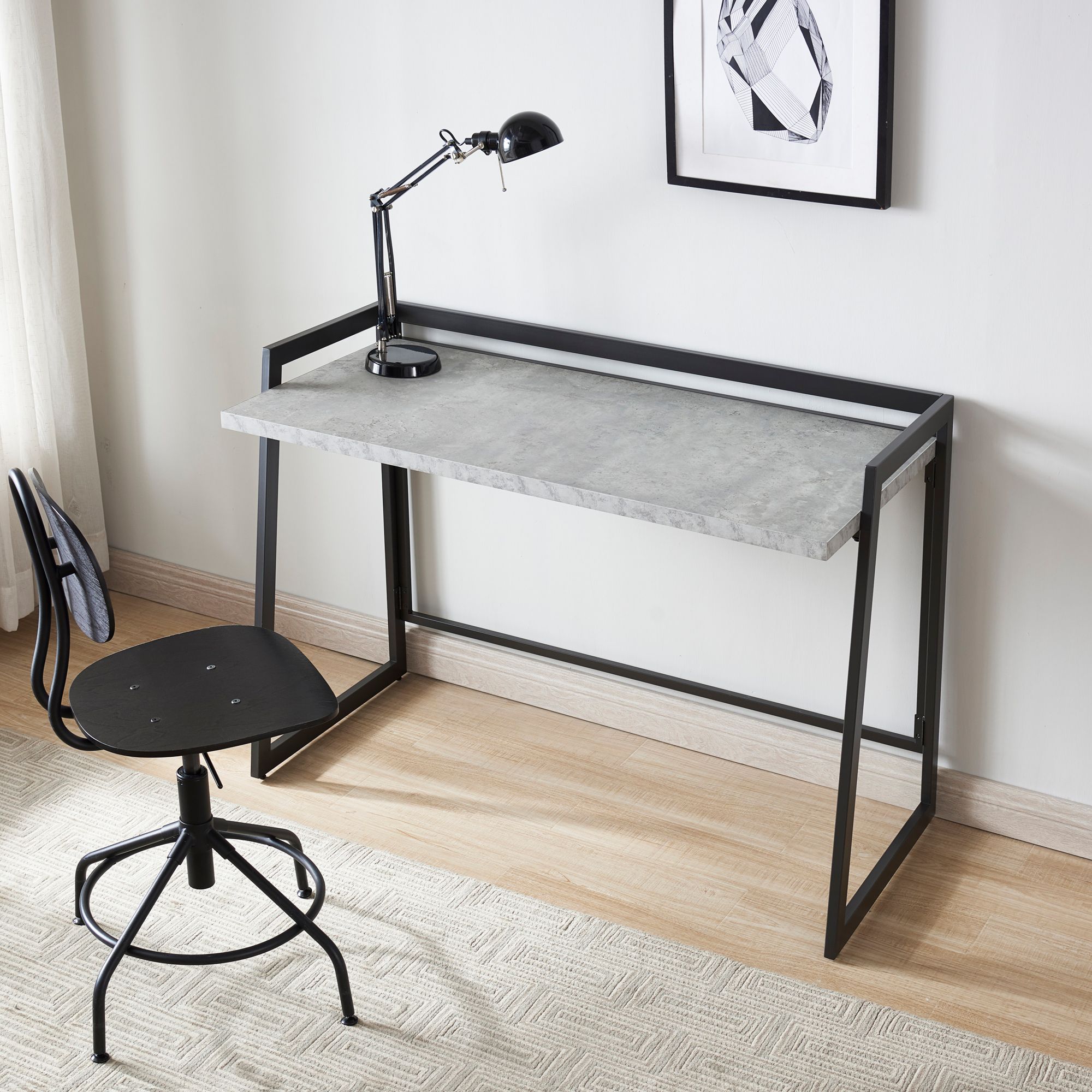 Bartina 48" Wide Faux Concrete Gunmetal Folding Desk