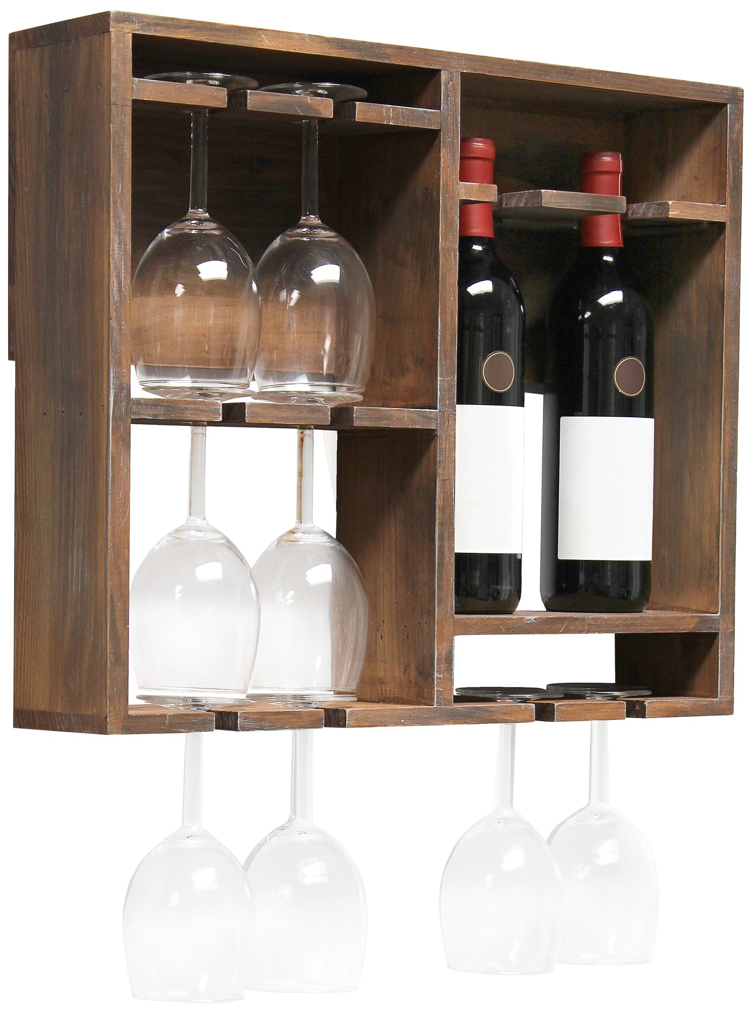 Bartow Restored Wood Wine Rack Shelf with Glass Holder
