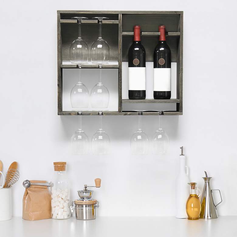 Image 1 Bartow Rustic Gray Wood Wine Rack Shelf with Glass Holder