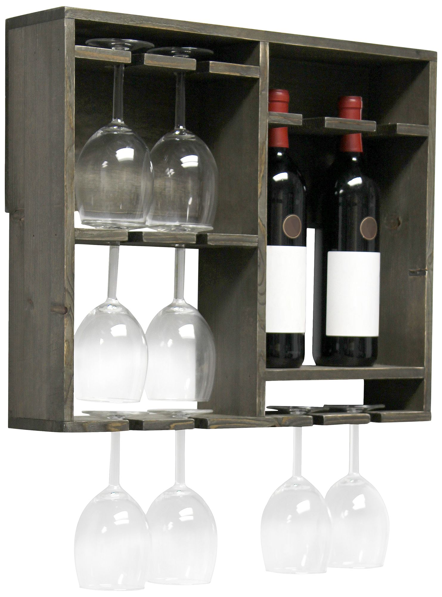Bartow Rustic Gray Wood Wine Rack Shelf with Glass Holder