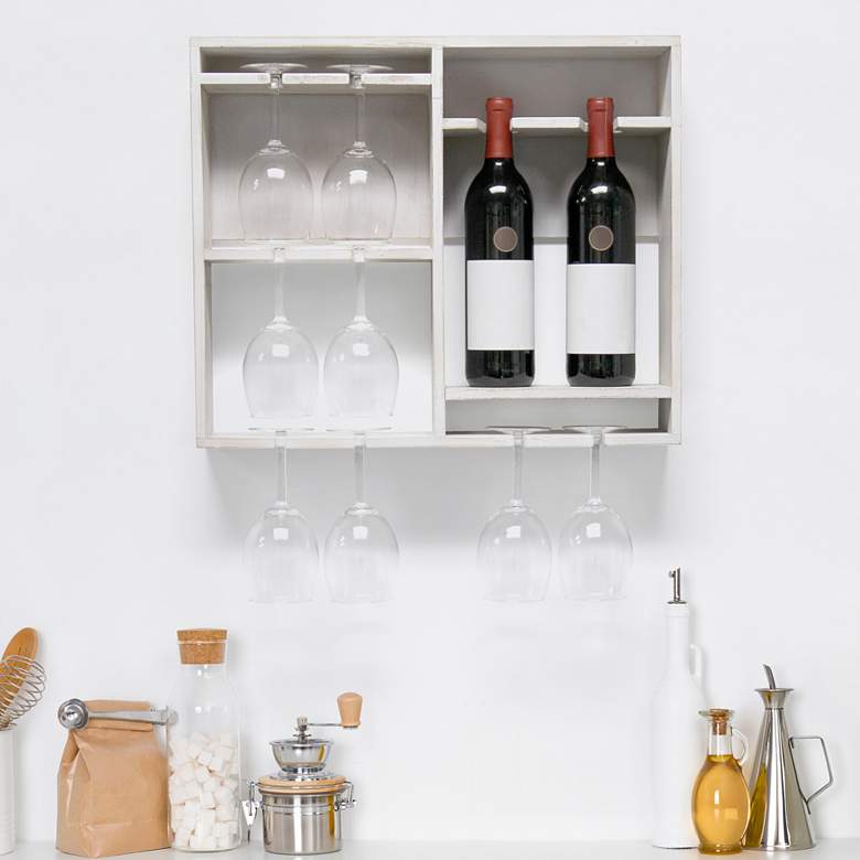 Image 1 Bartow White Wash Wood Wine Rack Shelf with Glass Holder