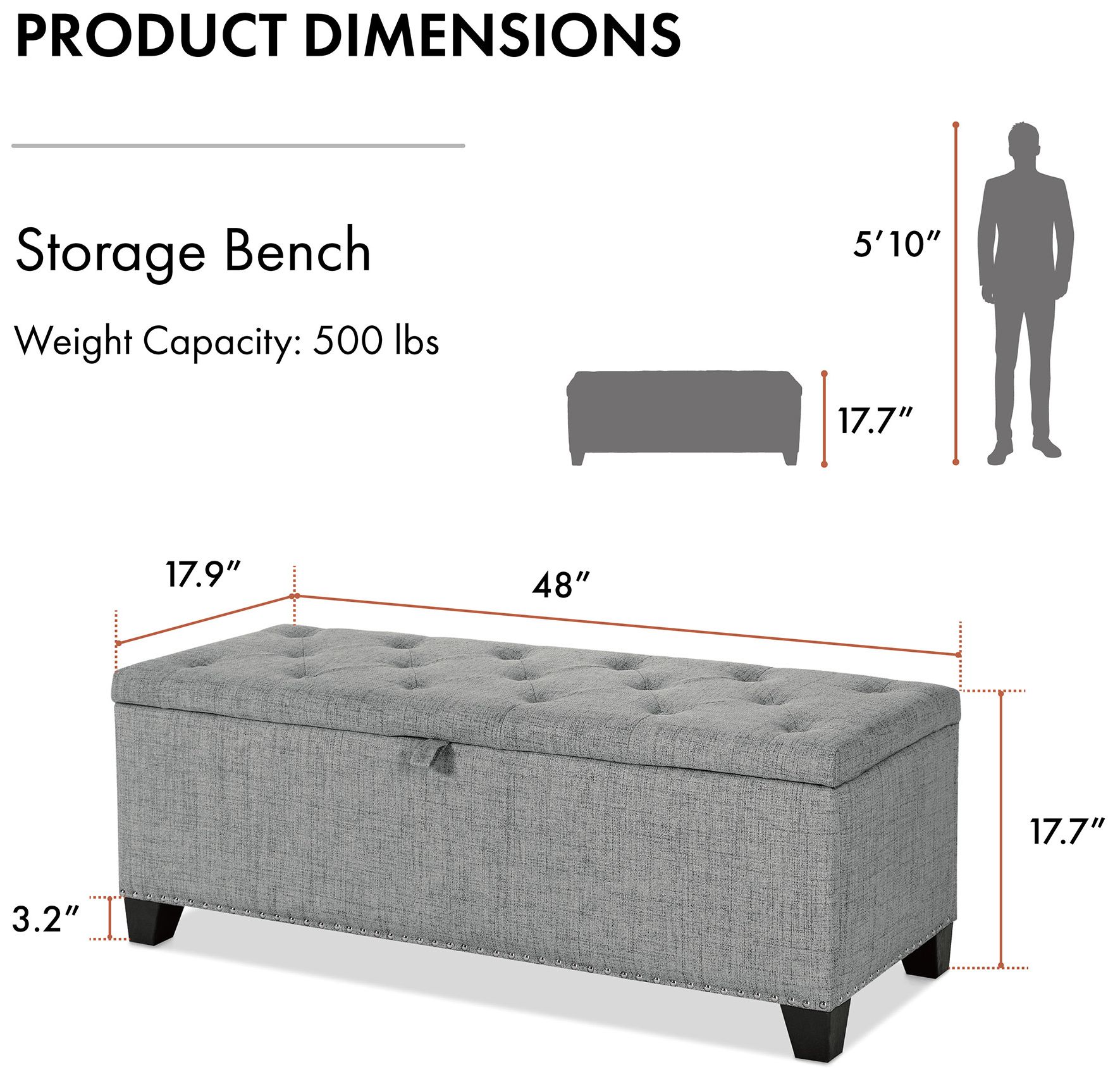 Bash 48" Linen Gray Upholstered Bench with Storage