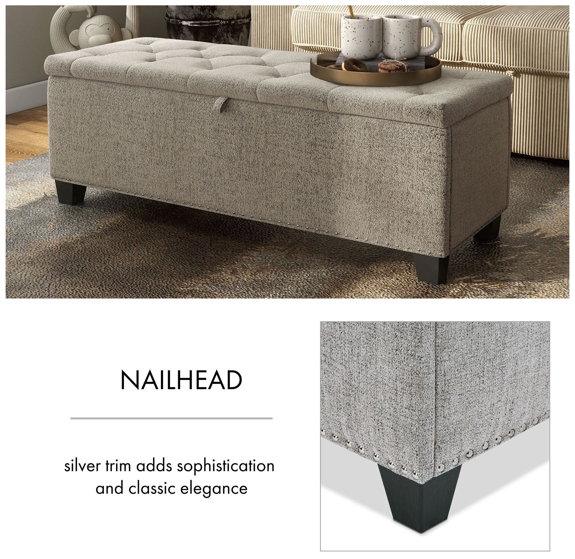 Bash 48" Linen Light Brown Upholstered Bench with Storage