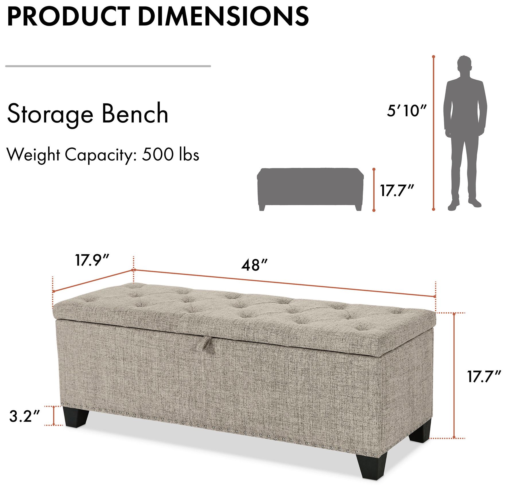 Bash 48" Linen Light Brown Upholstered Bench with Storage