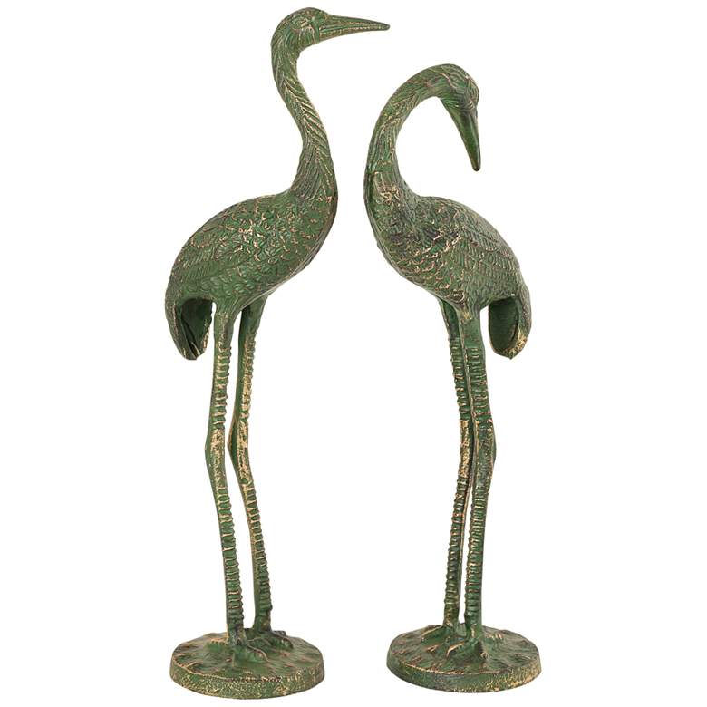 Image 1 Bashful Cranes 17"H Green Verdigris Garden Statues Set of 2