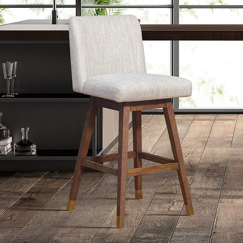 Image 1 Basila 26 in. Swivel Barstool in Brown Oak Finish with Beige Fabric