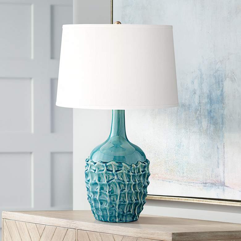Image 1 Basket Weave Crackled Blue Ceramic Table Lamp